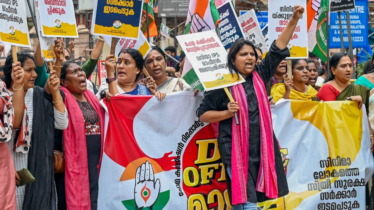 Mahila Congress activists stage a protest demanding a case against the perpetrators named in the Hema Committee report, Thiruvananthapuram, August 21, 2024. PTI Mahila Congress activists stage a protest demanding a case against the perpetrators named in the Hema Committee report, Thiruvananthapuram, August 21, 2024. PTI
