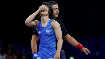 Vinesh Phogat reacts after winning the match against Yui Susaki at Paris Olympics. Reuters