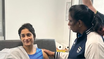 IOA president PT Usha meets wrestler Vinesh Phogat at the Olympic village in Paris. Image credit: X/@WeAreTeamIndia