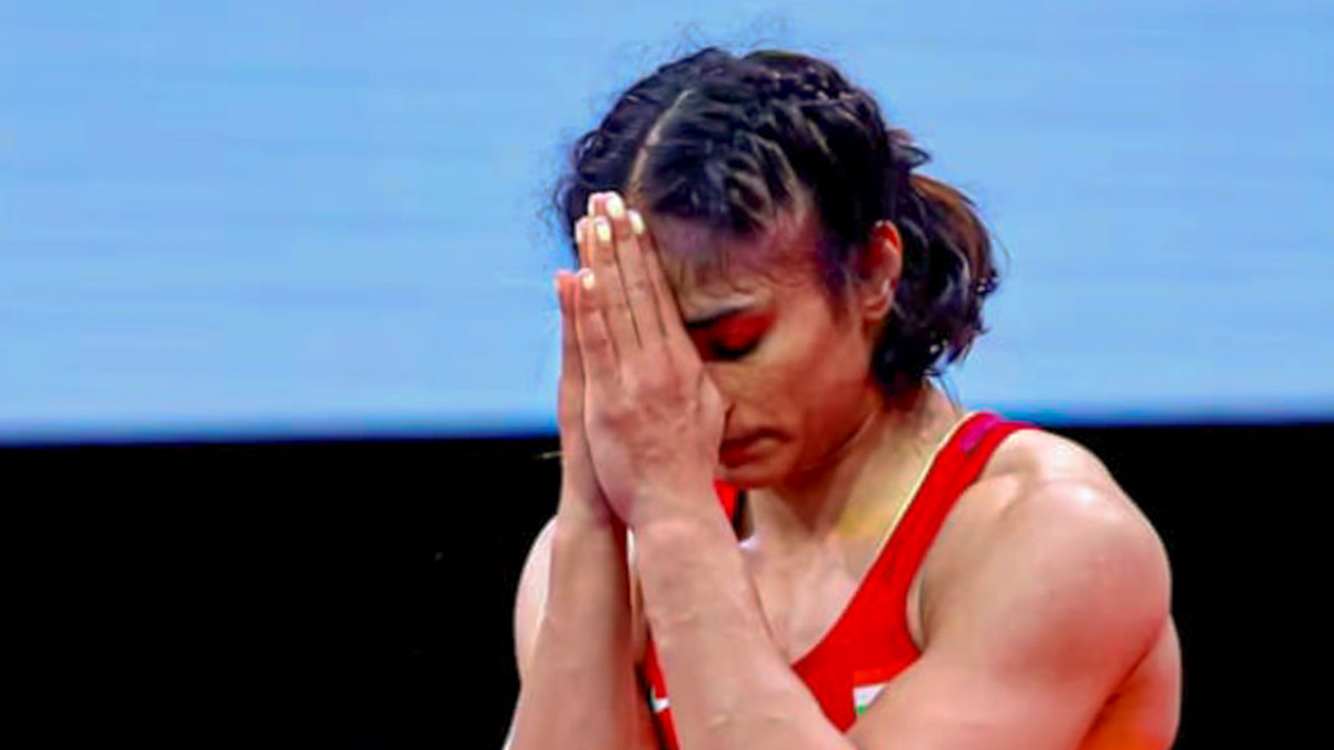 India's Vinesh Phogat reacts after winning her quarter-final bout against Ukraine's Oksana Livach during the women's wrestling 50kg event in the Paris Olympics. PTI India's Vinesh Phogat reacts after winning her quarter-final bout against Ukraine's Oksana Livach during the women's wrestling 50kg event in the Paris Olympics. PTI
