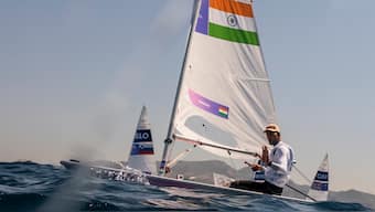 India's Vishnu Saravanan competes in the men's dinghy event in Marseille, France on Day 6 of the Paris Olympics. AP