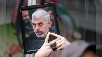 A pro-Palestinian protester holds up a portrait of Hamas leader Yahya Sinwar outside of a campaign event for Democratic presidential candidate and US Vice President Kamala Harris in New York City, US, August 14, 2024. File Image/Reuters
