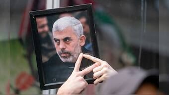 A pro-Palestinian protester holds up a portrait of Hamas leader Yahya Sinwar outside of a campaign event for Democratic presidential candidate and US Vice President Kamala Harris in New York City, US, August 14, 2024. File Image/Reuters