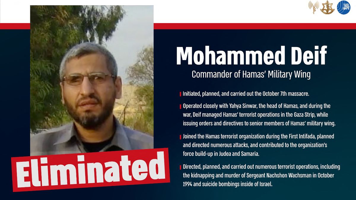 A handout image released by the Israeli army shows an undated portrait of Mohammed Deif, the head of the Ezzedine al-Qassam Brigades, the military wing of the Palestinian militant group Hamas. The Israeli military announced that Deif had been killed in a strike it carried out last month in Gaza's southern area of Khan Yunis. AFP A handout image released by the Israeli army shows an undated portrait of Mohammed Deif, the head of the Ezzedine al-Qassam Brigades, the military wing of the Palestinian militant group Hamas. The Israeli military announced that Deif had been killed in a strike it carried out last month in Gaza's southern area of Khan Yunis. AFP