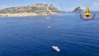This picture taken from video released by the Italian Firefighters on Monday, Aug. 19, 2024, show the stretch of Sea near Palermo, Sicily, in southern Italy, where the sail yacht Bayasian under UK flag sank early Monday. Vigili del Fuoco via AP, HO