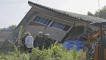 A house is seen collapsed in Oosaki town, Kagoshima prefecture, southern Japan, following Thursday's powerful earthquake. AP