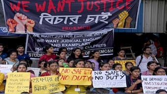 Doctors and nursing staff protest against the recent the rape and murder of a woman doctor inside the RG Kar Medical College and Hospital, in Kolkata. PTI