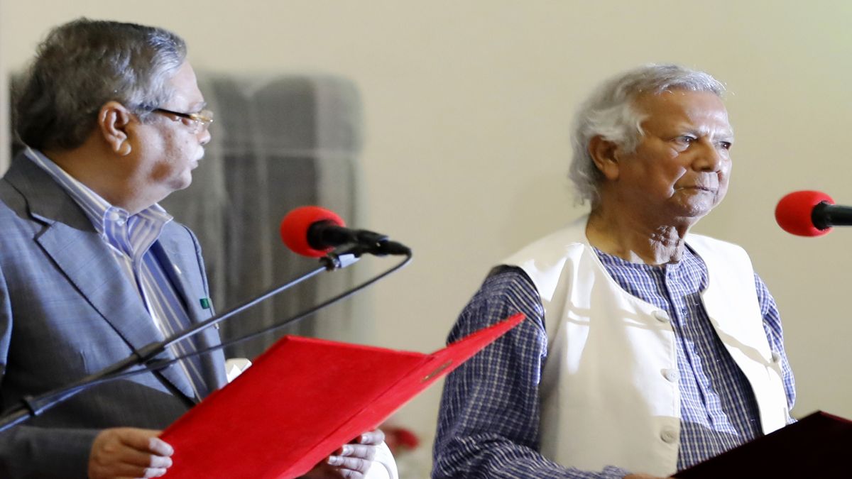Bangladesh's figurehead President Mohammed Shahabuddin administers the oath of office to Nobel laureate Muhammad Yunus, as the head of Bangladesh's interim government, in Dhaka, Bangladesh. AP Bangladesh's figurehead President Mohammed Shahabuddin administers the oath of office to Nobel laureate Muhammad Yunus, as the head of Bangladesh's interim government, in Dhaka, Bangladesh. AP