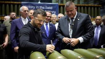 Volodymyr Zelenskyy at the Scranton Army Ammunition Plant on Sunday. AP