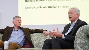 The CIA director, Bill Burns (right), was speaking at an FT Weekend festival in London alongside Britain’s MI6 chief, Richard Moore (left). Reuters