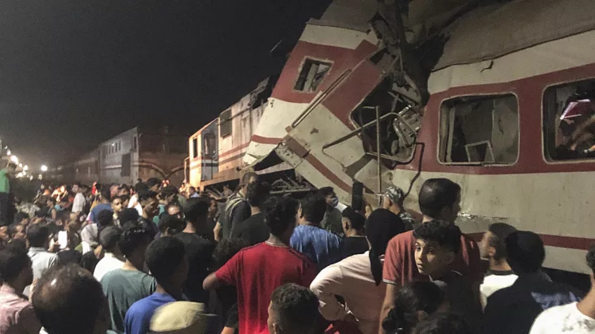 The scene of the train collision in Zagazig. Two of the three dead were children, authorities said. AP The scene of the train collision in Zagazig. Two of the three dead were children, authorities said. AP