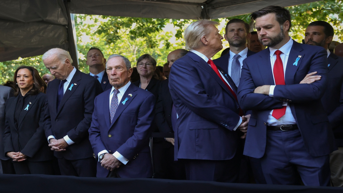 Republican presidential nominee former President Donald Trump, second from right, looks away while attending the 9/11 Memorial ceremony with Republican vice presidential nominee Sen. JD Vance, R-Ohio, right, President Joe Biden, second from left, Democratic presidential nominee Vice President Kamala Harris, far left, and Michael Bloomberg, on the 23rd anniversary of the September 11, 2001 terror attacks, on Wednesday, in New York. AP Republican presidential nominee former President Donald Trump, second from right, looks away while attending the 9/11 Memorial ceremony with Republican vice presidential nominee Sen. JD Vance, R-Ohio, right, President Joe Biden, second from left, Democratic presidential nominee Vice President Kamala Harris, far left, and Michael Bloomberg, on the 23rd anniversary of the September 11, 2001 terror attacks, on Wednesday, in New York. AP