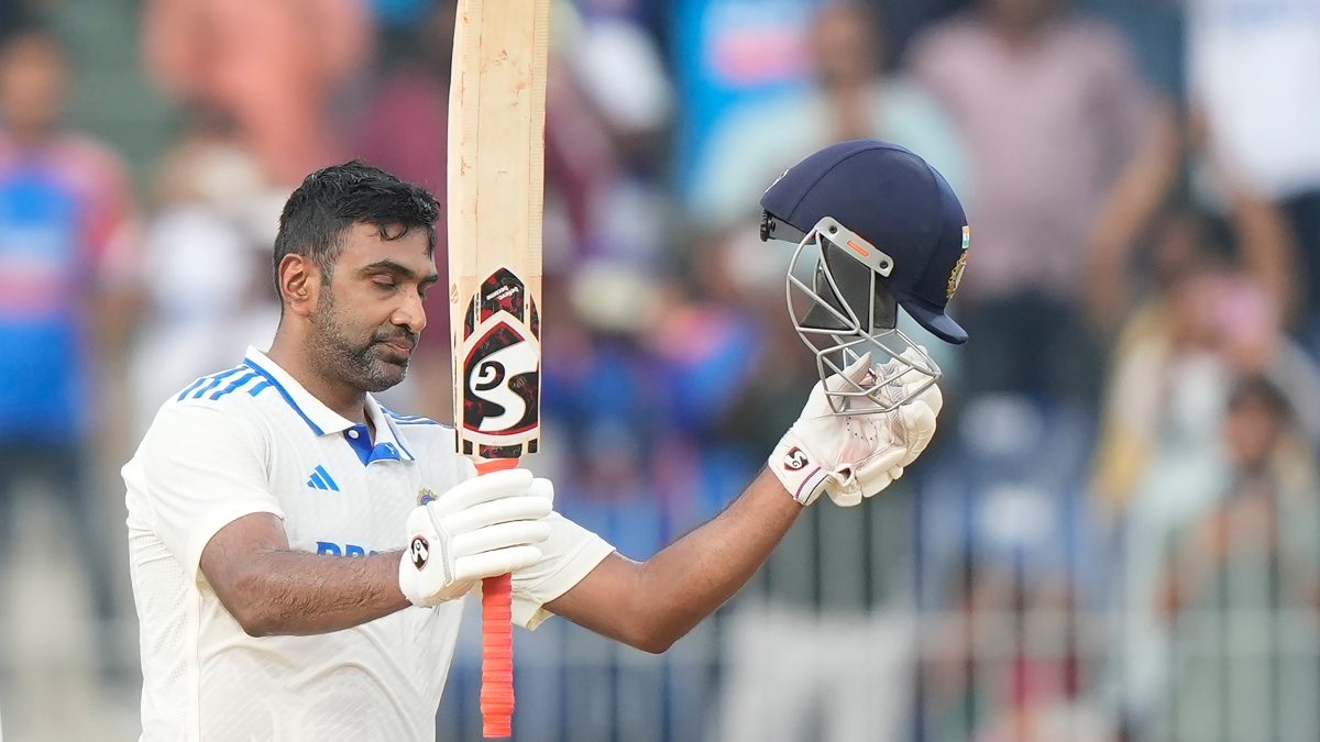R Ashwin celebrates scoring his century on Day 1 of the first Test between India and Bangladesh in Chennai. AP R Ashwin celebrates scoring his century on Day 1 of the first Test between India and Bangladesh in Chennai. AP