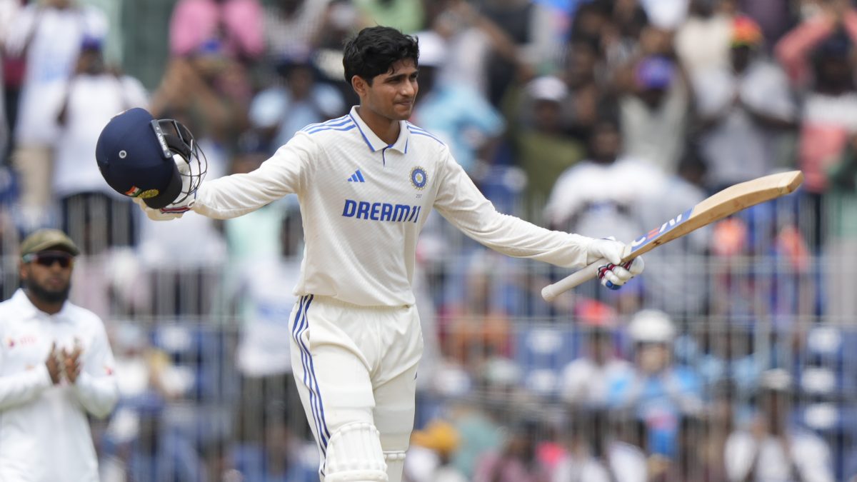 India's Shubman Gill celebrates after scoring a century on the third day of the first Test vs Bangladesh. Image: AP India's Shubman Gill celebrates after scoring a century on the third day of the first Test vs Bangladesh. Image: AP