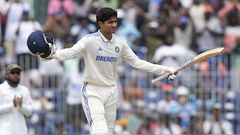India's Shubman Gill celebrates after scoring a century on the third day of the first Test vs Bangladesh. Image: AP