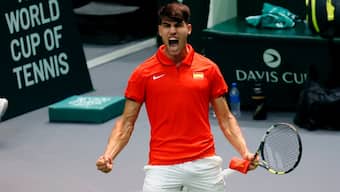 Spain's Carlos Alcaraz celebrates after winning his match against France's Ugo Humbert in the Davis Cup. Reuters