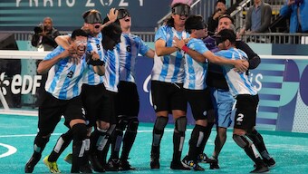 Argentina players celebrate after winning the semi-final blind football match between Argentina and Brazil at the 2024 Paralympics. AP