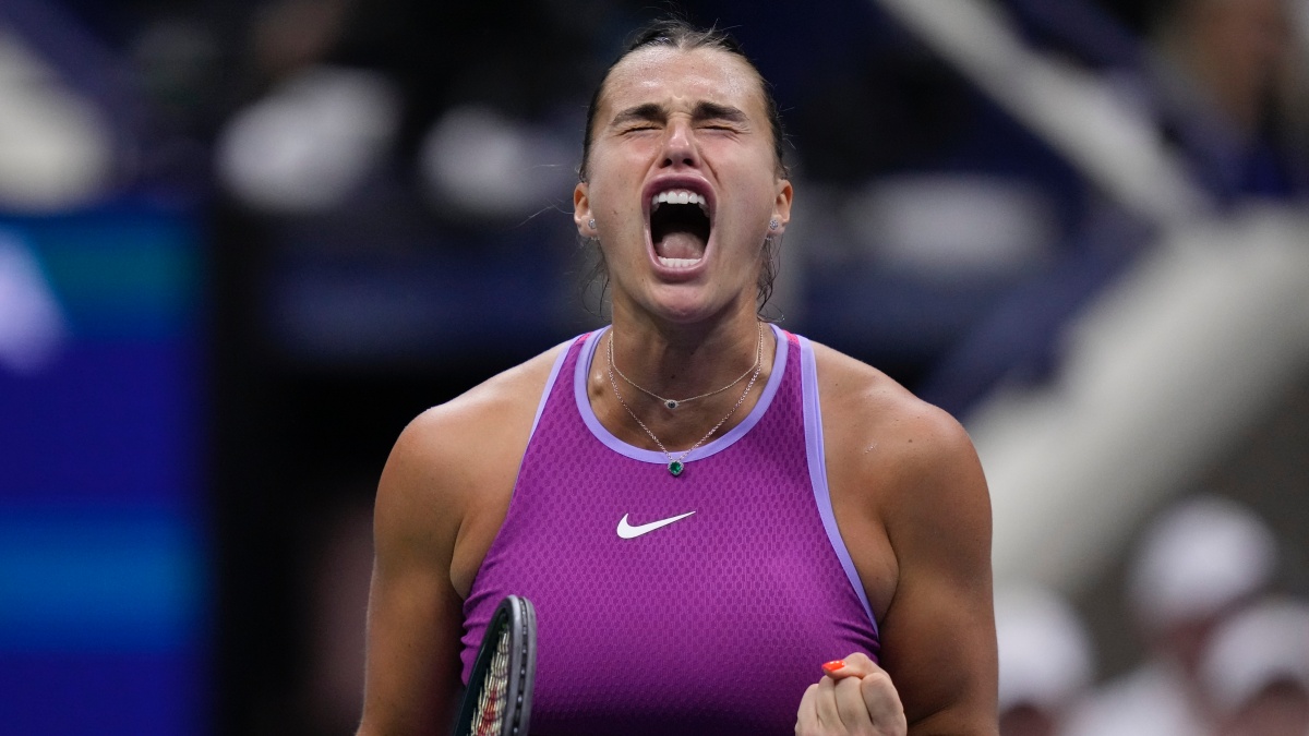Aryna Sabalenka reacts during the US Open final against Jessica Pegula in New York. AP Aryna Sabalenka reacts during the US Open final against Jessica Pegula in New York. AP