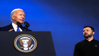 Ukraine's President Volodymyr Zelenskyy listens to US President Joe Biden speak during a Ukraine Compact meeting, on the sidelines of the NATO's 75th anniversary summit in Washington, US, July 11, 2024. Reuters File