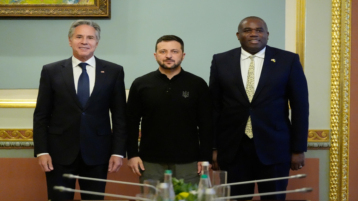 US Secretary of State Antony Blinken and Britain's Foreign Secretary David Lammy meet with Ukraine's President Volodymyr Zelenskyy at the Mariinsky Palace in Kyiv, Ukraine, on Wednesday. AP US Secretary of State Antony Blinken and Britain's Foreign Secretary David Lammy meet with Ukraine's President Volodymyr Zelenskyy at the Mariinsky Palace in Kyiv, Ukraine, on Wednesday. AP