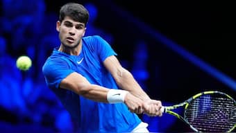 Team Europe's Carlos Alcaraz returns to Team World's Taylor Fritz on the third day of the Laver Cup tennis tournament. AP