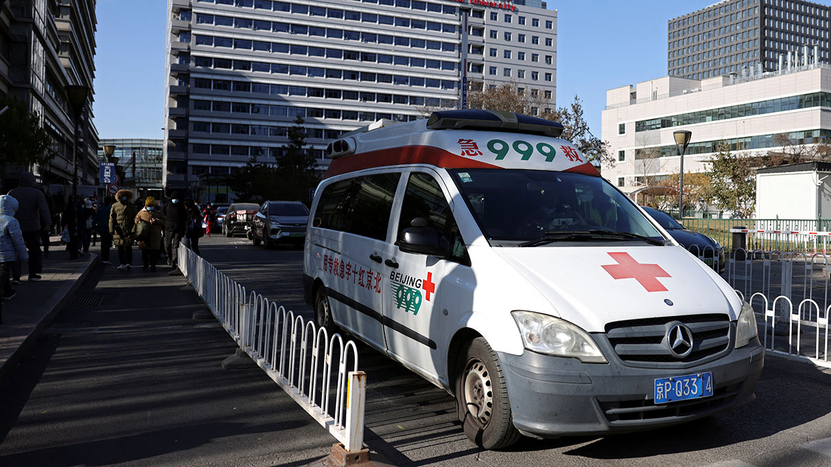 (File) An ambulance leaves a children's hospital in Beijing on November 24, 2023. Reuters (File) An ambulance leaves a children's hospital in Beijing on November 24, 2023. Reuters