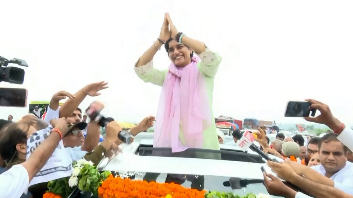 Congress candidate Vinesh Phogat during an election campaign for the upcoming Haryana elections, in Julana. PTI Congress candidate Vinesh Phogat during an election campaign for the upcoming Haryana elections, in Julana. PTI