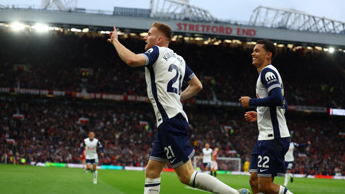 Tottenham Hotspur's Dejan Kulusevski celebrates after scoring his team's second goal in their Premier League match against Manchester United at the Old Trafford Stadium in Manchester. Reuters Tottenham Hotspur's Dejan Kulusevski celebrates after scoring his team's second goal in their Premier League match against Manchester United at the Old Trafford Stadium in Manchester. Reuters