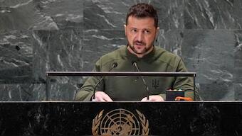 Ukraine's President Volodymyr Zelenskyy addresses the the Summit of the Future at United Nations headquarters. AP