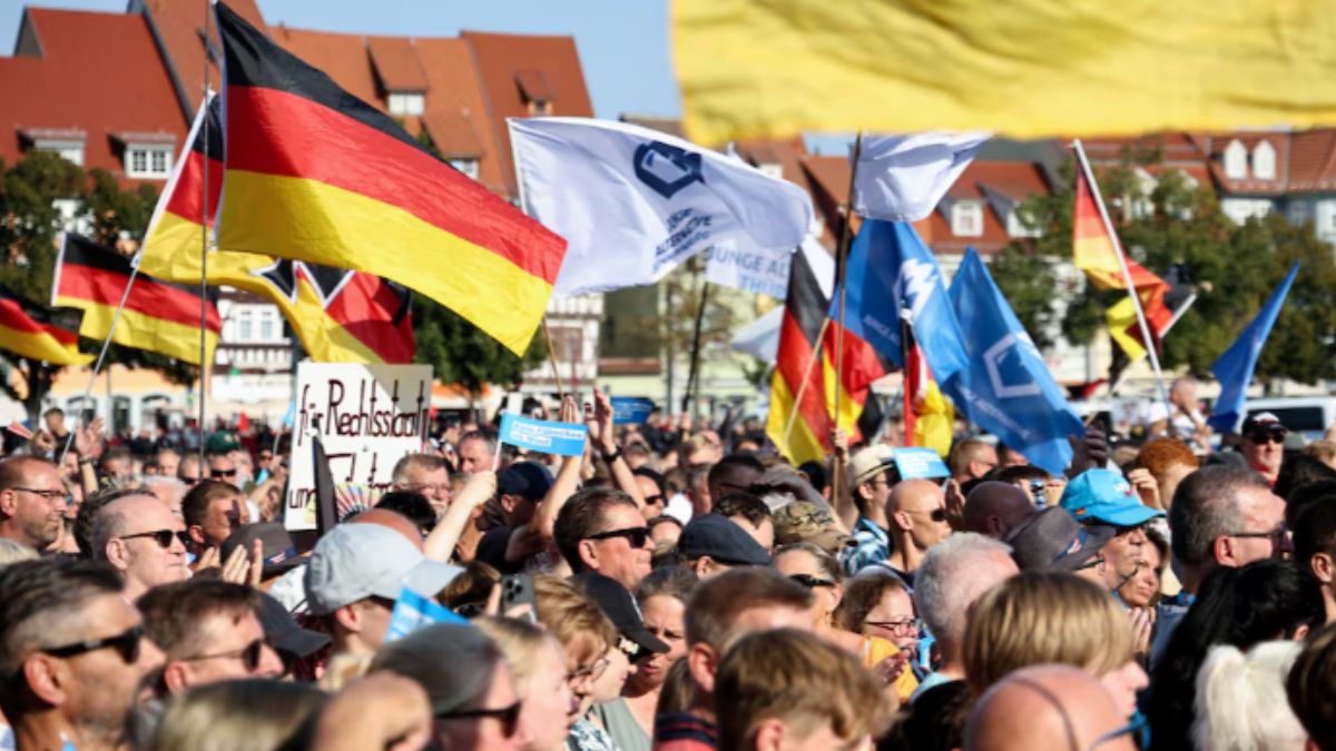 People gather at an election campaign rally of Alternative for Germany (AfD) party ahead of the Thuringia state elections, in Erfurt, Germany August 31, 2024. Photo- Reuters People gather at an election campaign rally of Alternative for Germany (AfD) party ahead of the Thuringia state elections, in Erfurt, Germany August 31, 2024. Photo- Reuters
