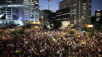 Demonstrators march during a protest in Tel Aviv calling for action to secure the release of Israeli hostages on September 2. Image- AFP