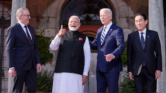 President Joe Biden greets from left, Australia's Prime Minister Anthony Albanese, India's Prime Minister Narendra Modi and Japan's Prime Minister Fumio Kishida, at the Quad leaders summit at Archmere Academy in Claymont, Del., Saturday, Sept. 21, 2024. - AP