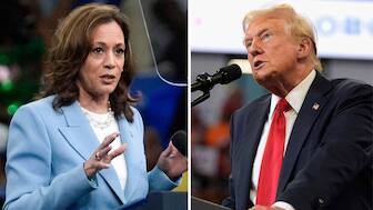 This combination of photos taken at campaign rallies in Atlanta shows Vice President Kamala Harris on July 30, 2024, left, and Republican presidential candidate former President Donald Trump on Aug. 3. AP File
