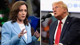 This combination of photos taken at campaign rallies in Atlanta shows Vice President Kamala Harris on July 30, 2024, left, and Republican presidential candidate former President Donald Trump on Aug. 3. Image- AP