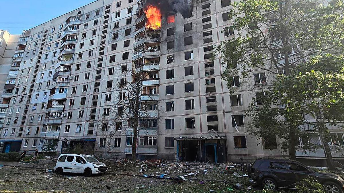 Flames rise and debris is scattered on the ground after a Russian aerial bomb struck a multi-story residential building in Kharkiv, Ukraine. AP Flames rise and debris is scattered on the ground after a Russian aerial bomb struck a multi-story residential building in Kharkiv, Ukraine. AP