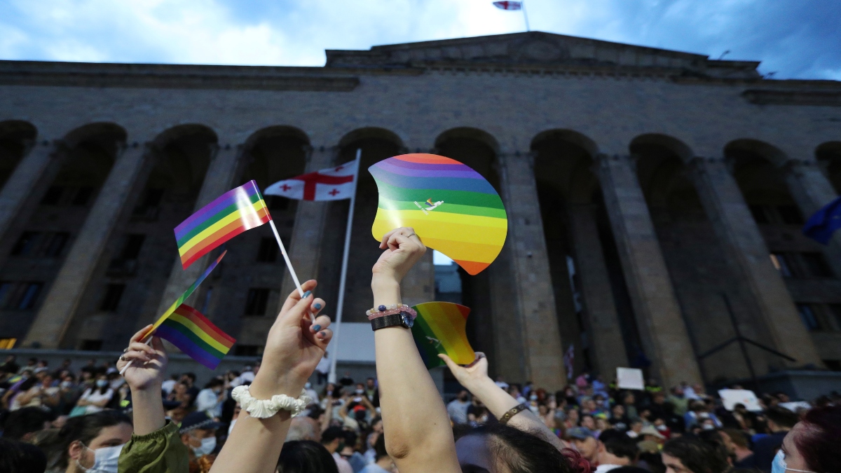 Participants hold rainbow flags in Tbilisi, Georgia on July 6, 2021. Reuters File Participants hold rainbow flags in Tbilisi, Georgia on July 6, 2021. Reuters File