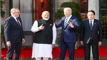 Left to Right: Australian Prime Minister Anthony Albanese, Indian Prime Minister Narendra Modi, US President Joe Biden and Japanese PM Fumio Kishida at the Cancer Moonshoot Event. X - @narendramodi