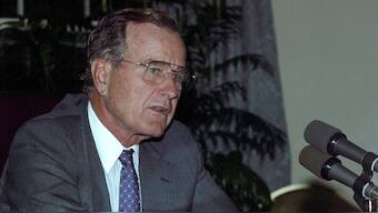 US President George HW Bush at the White House after he addressed the tens of thousands of US troops defending Saudi Arabia, August 29, 1990. File Image/Reuters
