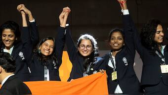 Harika Dronavalli, Divya Deshmukh, Vantika Agrawal, R Vaishali and Tania Sachdev after winning gold in the 45th Chess Olympiad in Budapest. AP