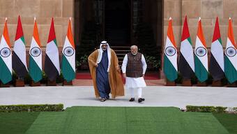 Crown Prince of Abu Dhabi Sheikh Khaled bin Mohamed bin Zayed Al Nahyan walks with India's Prime Minister Narendra Modi before their meeting at the Hyderabad House in New Delhi, India. Reuters