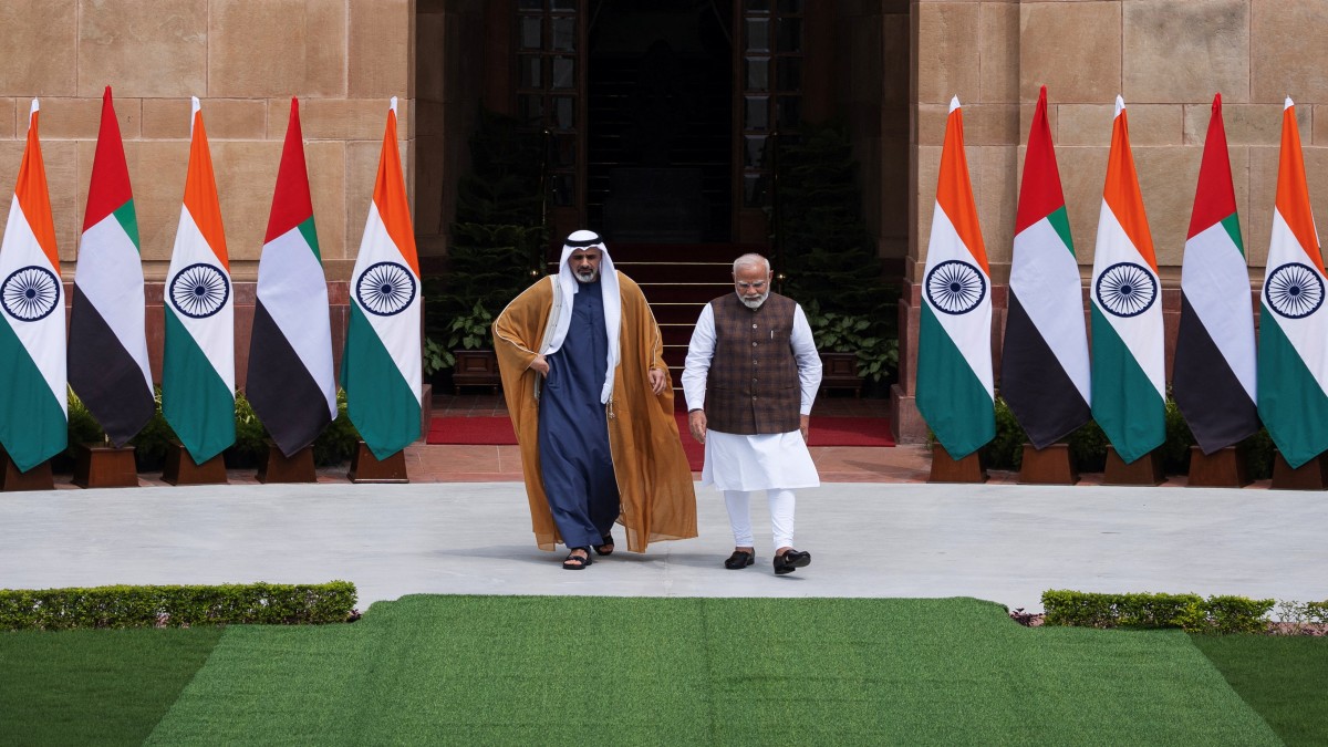 Crown Prince of Abu Dhabi Sheikh Khaled bin Mohamed bin Zayed Al Nahyan walks with India's Prime Minister Narendra Modi before their meeting at the Hyderabad House in New Delhi, India. Reuters Crown Prince of Abu Dhabi Sheikh Khaled bin Mohamed bin Zayed Al Nahyan walks with India's Prime Minister Narendra Modi before their meeting at the Hyderabad House in New Delhi, India. Reuters