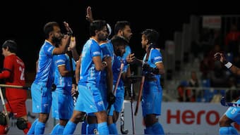The Indian team celebrates after scoring a goal against South Korea in the second semi-final of the Men's Asian Champions Trophy in Moqi Training Base in Hulunbuir, China. Image credit: Hockey India 