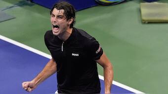 Taylor Fritz, of the United States, reacts after defeating Frances Tiafoe, of the United States, during the men's singles semifinal of the U.S. Open tennis championships, Friday, Sept. 6, 2024, in New York. (AP Photo/Julia Nikhinson)