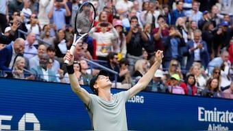 Jannik Sinner reacts after defeating Taylor Fritz in men's singles final of US Open. AP