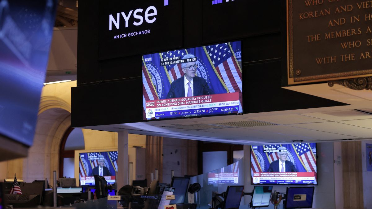 A screen on the trading floor at The New York Stock Exchange (NYSE) display a news conference with US Federal Reserve Chair Jerome Powell following the Federal Reserve rate announcement, in New York City, US, September 18, 2024. Reuters A screen on the trading floor at The New York Stock Exchange (NYSE) display a news conference with US Federal Reserve Chair Jerome Powell following the Federal Reserve rate announcement, in New York City, US, September 18, 2024. Reuters
