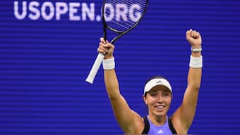 Jessica Pegula reacts after defeating Karolina Muchova during the women's singles semifinals of the US Open. AP