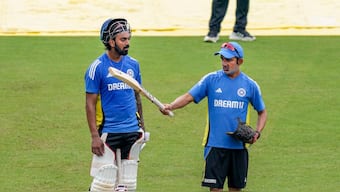 India batter KL Rahul and head coach Gautam Gambhir at a team training session. PTI