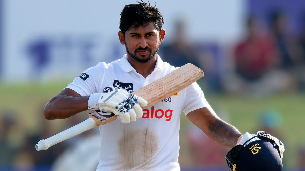 Sri Lanka's Kamindu Mendis celebrates scoring his century on Day 1 of the first Test against New Zealand. AP Sri Lanka's Kamindu Mendis celebrates scoring his century on Day 1 of the first Test against New Zealand. AP