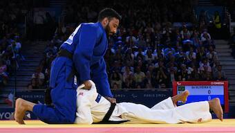 Kapil Parmar (in blue) became the first Indian to win a Paralympic medal in judo after winning bronze in the men's 60kg J1 category in Paris on Thursday, 5 September. Reuters