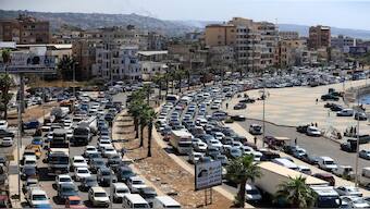 Cars sit in traffic as they flee the southern villages amid ongoing Israeli airstrikes, in Sidon, Lebanon, on Monday. AP 